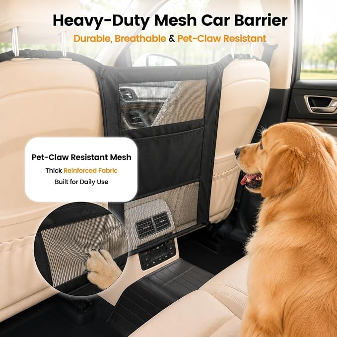 Dog Pet Net Barrier for Dodge Charger SRT Hellcat Scat Pack 2015-2023, Pet Safety Net with Storage Pockets, Prevents Dogs from Jumping to Front Seat, Easy Install