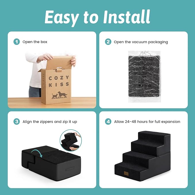 COZY KISS Dog Stairs for Small Dogs, 4 Step Pet Stairs for Beds & Couches | 17.7" H Wide Non-Slip Dog Steps with Removable Tiers & Support Board for Puppies, Older Cats & Dogs, Black