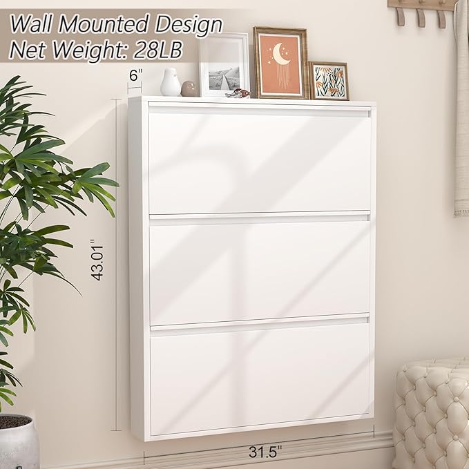GREATMEET Shoe Rack for Closet, Slim Wall Mounted Metal Cabinet with 3 Flip Drawers, Steel Hidden Shoe Cabinet Storage for Entryway, Modern Narrow Shoe Organizer Cabinet for Mudroom, Hallway, White