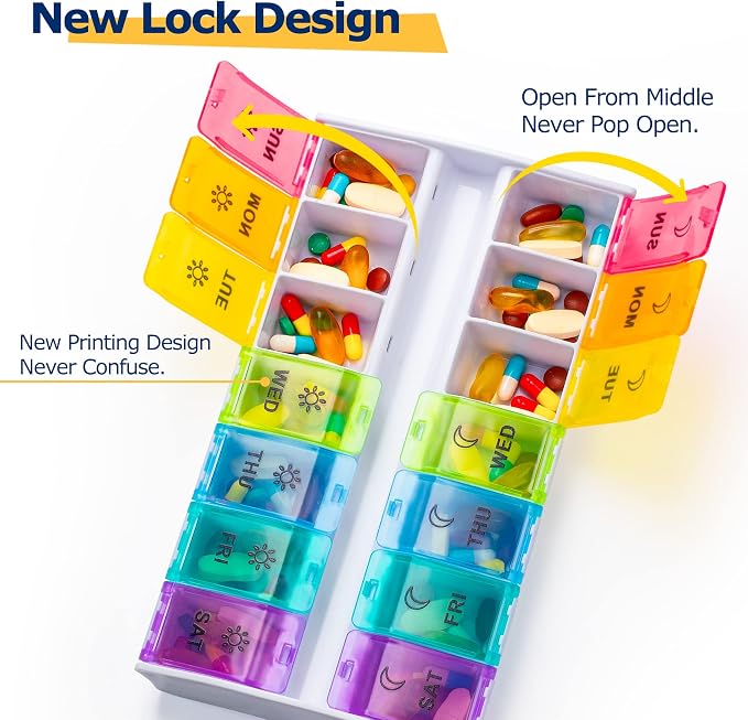 Mossime XL Pill Organizer 2 Times a Day, 7 Day Am Pm Pill Box | 2 Times a Day, Weekly Am Pm, Hinged Lids, 7 Day Medicine Vitamin Case