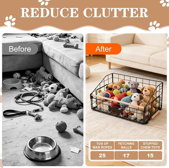 16.5" Metal Dog Toy Basket With Wooden Handle for Living Room Area | Trapezoid Storage Bin for Puppy Chew Toys, Indestructible Organizers and Storage for Pet Supplies, Clothes