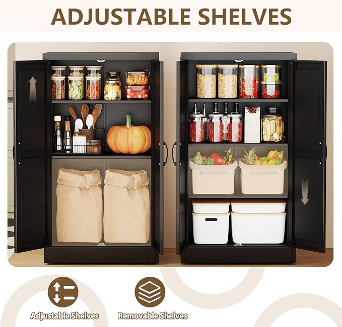 Black Metal Storage Cabinet, 43" Kitchen Pantry Cabinets for Office | Steel Kitchen Pantry Storage with Doors and 3 Adjustable Shelves, Metal Tool Cabinet, for Office, Home, Garage, School
