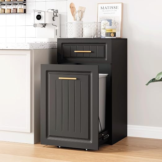 ZIFTY 13 Gallon Pull Out Trash Can Cabinet Kitchen, Laundry Hamper, Black | Pet Proof, Freestanding Kitchen Cabinet, Hideaway Drawer, Wooden Garbage Recycling, Modern Farmhouse Waste Bin Furniture