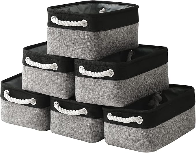 Storage Basket for Organizing - 12x8x5.2 inch Small 6 Pack Collapsible Storage Bin for Shelves with Rope, Fabric Storage Cubes for Cloth Gift Toy Decorative Organizer (Black & Grey)
