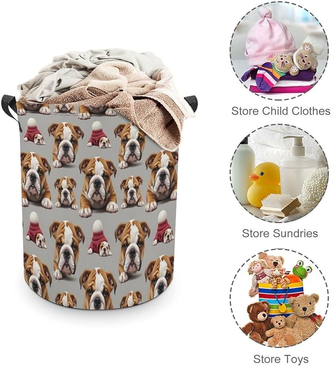 Foldable Laundry Storage with Handles English Bulldog Puppy Dog Art, Waterproof Hamper Basket for Clothing, Toys, and Home Organization