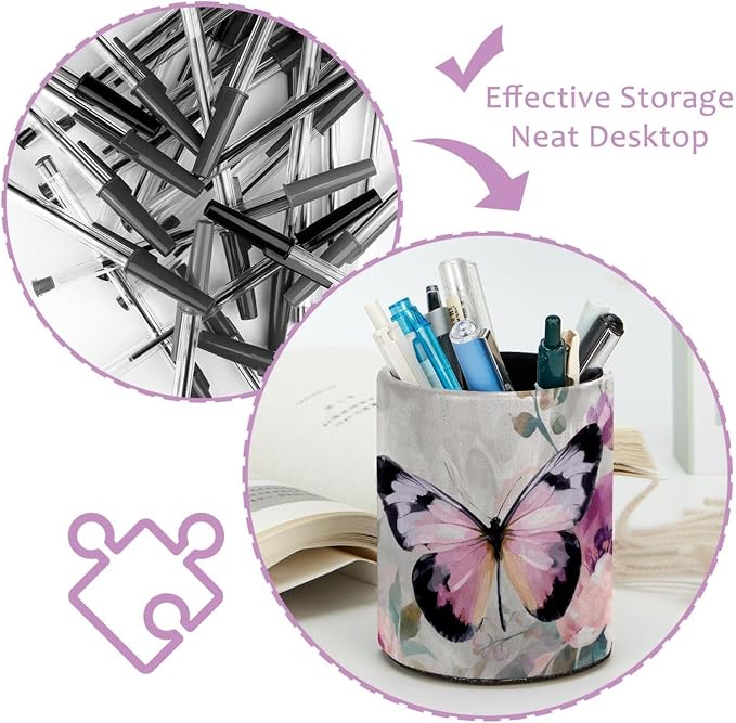 Faux Leather Pen Holder for Desk, Pencil Organizer Butterfly Pen Cup Desk Decor Makeup Brush Holder Storage for Office Home