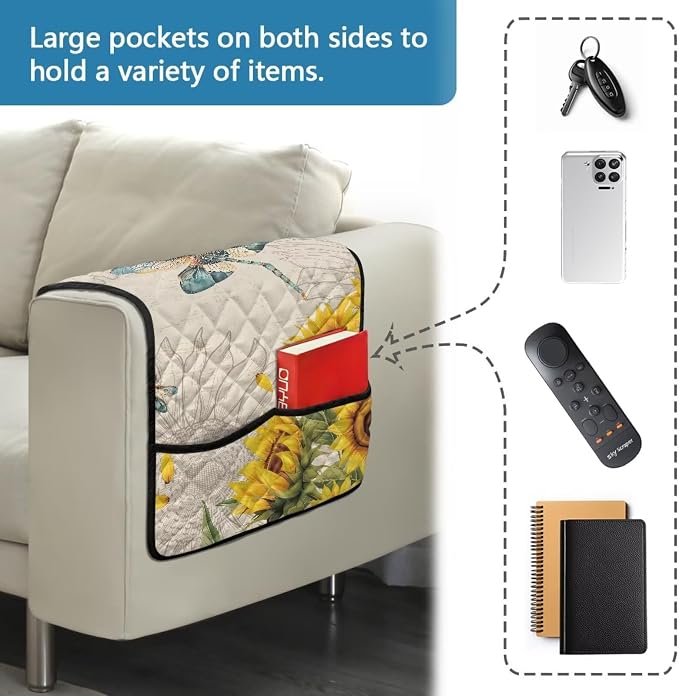 Sunflower Dragonfly Sofa Arm Covers Couch Arm Rest Covers for Sofa Cat Scratch Proof Slipcover Easy to Clean Armchair Cover Reusable Furniture Protector