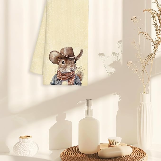 Western Cowboy Squirrel Gifts Kitchen Towels Decorative - Squirrel Lover Gifts Dish Tea Towels for Kitchen Drying, Cowboy Hat Animal Hand Towels for Bathroom Decor, 16x24 Inch