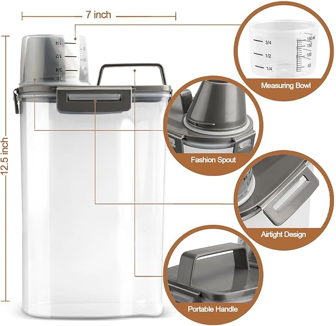 TIOVERY Upgraded Dog Food Storage Container Small, Cat Food Container Airtight, Pet Food Container Dispenser with Pour Spout, Measuring Cup and 4 Seal Buckles for Dogs, Cats, Birds (Grey)