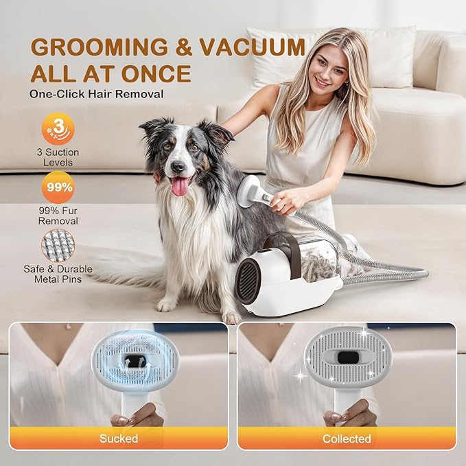 Dog Grooming Vacuum, Dog Grooming Kit with Pet Clipper Nail Grinder, 3 Suction Modes Dog Brush Vacuum with 6 Pet Grooming Tools (Auburn)