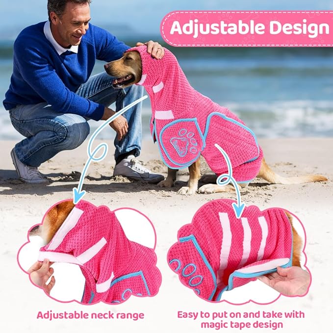 SlowTon Dog Bathrobe Drying Coat – Super Absorbent Microfiber Towel Wrap with Adjustable Collar & Belly Strap, Fast Drying Bath Robe for After Bath Swim, for Large, Medium, Small Dogs (Pink XL)