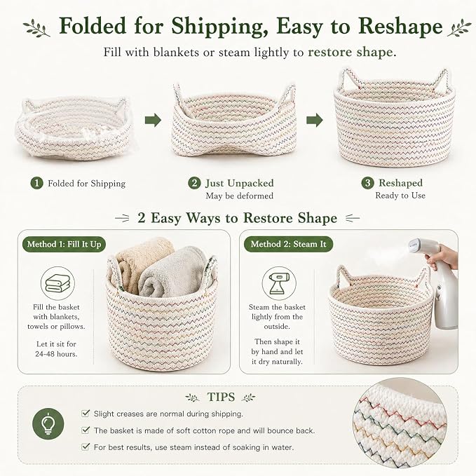 Small Woven Baskets | Mini Storage Bins | Cotton Rope Baby Nursery Organizers | Cute Round Cat Ears Basket for Organizing Desk Decor Kids Toy Dog Cat Baby Girls Gift-Set of 3 (White mixed Colors)