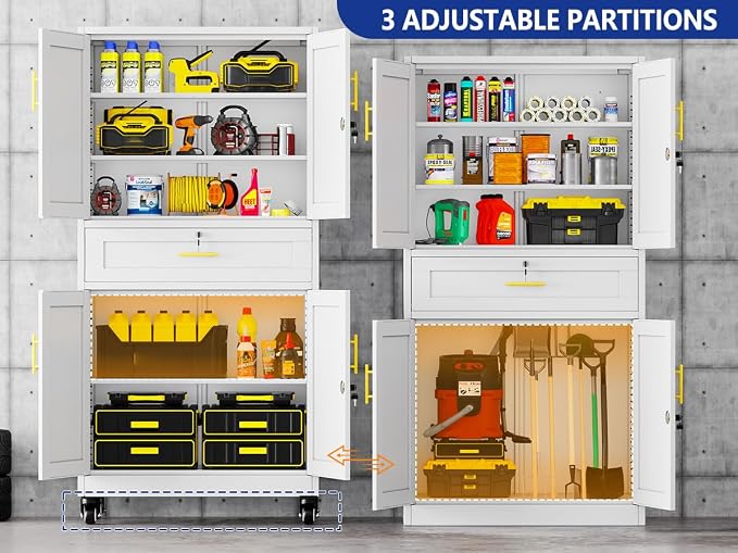 Ckzbx Metal Garage Storage Cabinet with Locking Drawers and Adjustable Shelves,71" H Rolling Tool Storage with Wheels for Garage,Office (White)