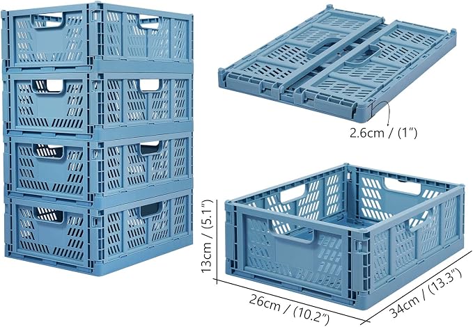Plastic Drawer Organizer Collapsible Storage Boxes Crate,4-Pack Stackable Folding Storage Basket Closet Containers Toy Organiser for Home Office Bedroom Kitchen Drawer Pull Out Under Bed-Blue