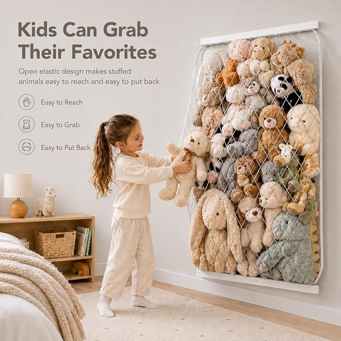 Stuffed Animal Storage Holder, Elastic Stuffed Animal Net,Door/ Wall Mount Length Adjustable Hanging Stuffed Animal Organizer, Plushie Net For Nursery Play Room-White Boards Patent