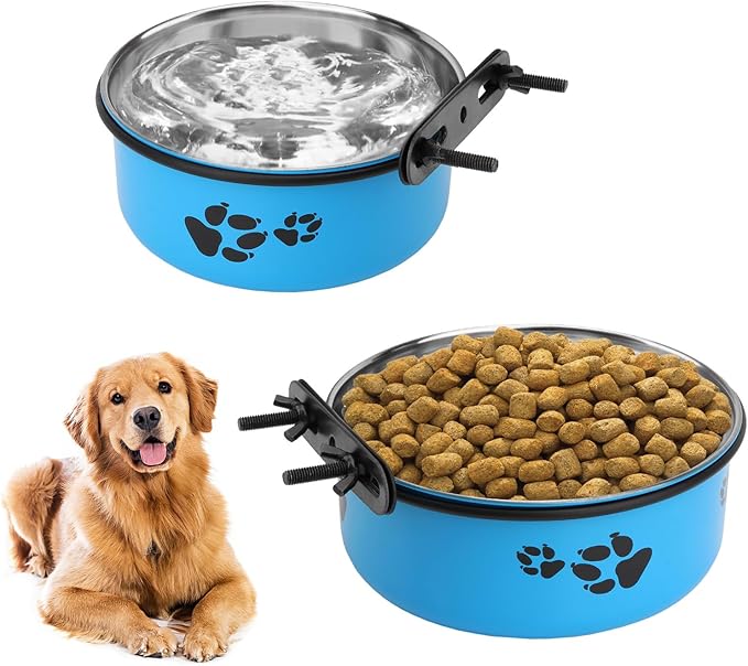 Stainless Steel Dog Crate Bowls Hanging No Spill 2 PCS - Adjustable Mountable Kennel Bowls for Medium/Large Dogs, Anti Spill Water & Food Bowl Set (Blue, M(5.5"+6.3"))