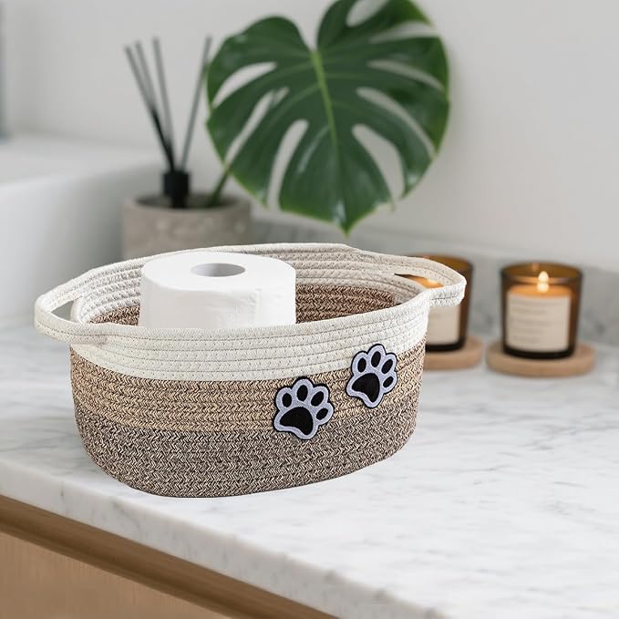 Small Woven Cotton Rope Nursery Organizer Bins, Dog Toy Basket Bins with Handle, Cute Empty Pet Gift Storage Baskets with Paw