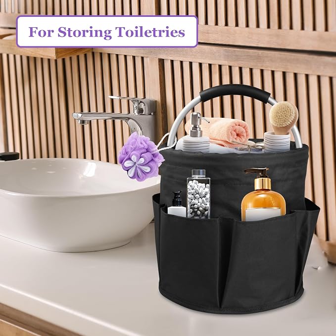 17L Cleaning Caddy with Handle and 6 Pockets, Foldable Cleaning Supply Caddy, Portable Shower Caddy in 600D Oxford Fabric, Multifunctional Storage Basket for Camping, Gardening, Black