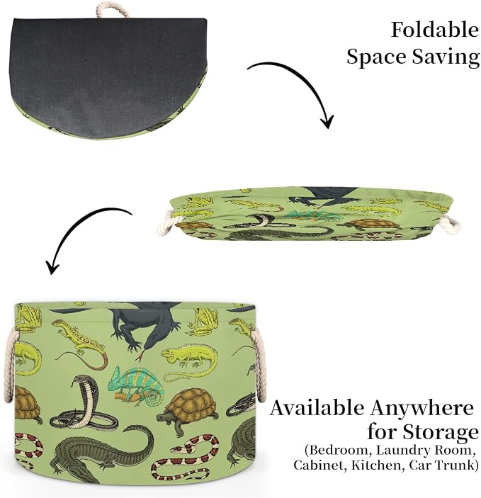Storage Baskets - Amphibians Large Nursery Organizer Bin Box with Handles Collapsible Round Snakes Laundry Hamper for Kids Boy Toys Blanket, Bedroom Living Room Home Decor Gift Basket (19.4"x13.3")