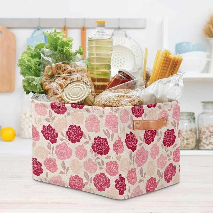 Pardick Roses Pink Flower Basket Storage Bins Large Fabric Toys Storage Cube Box with Handles Collapsible Closet Shelf Cloth Organizer Basket for Nursery Bedroom Bathroom Holiday Gift