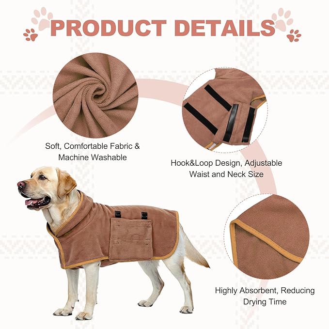 Dog Drying Coat, Dog Robes for After Bath Bathrobe Super Absorbent Towel Soft Adjustable, (XS, Brown), Intended for Fast Drying Warm Keeping Pet Cats Kitten Puppies