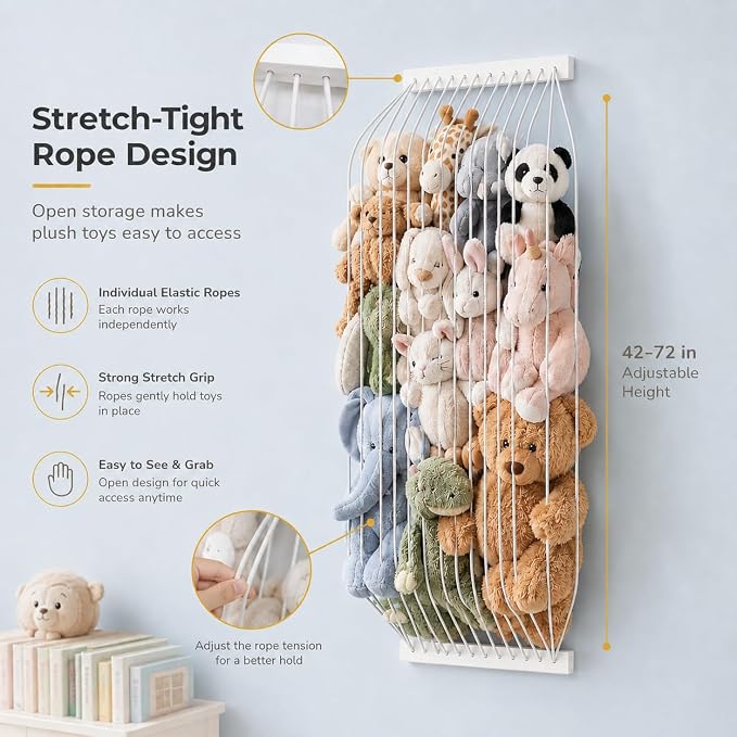 Stuffed Animal Storage Wood Soft Toy Storage for Kids Room，Wall Mount Door Hanging Stuffed Animal Toy Organizer Shelf for Nursery Play Room White -Patent