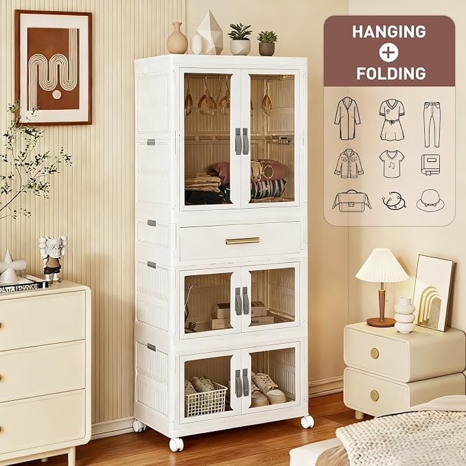 SAYMA Portable Wardrobe Closet, Pet Wardrobe Storage Cabinet W/Hanging Rod | Plastic Storage Cabinet for Pet Clothes, Toys, Snacks