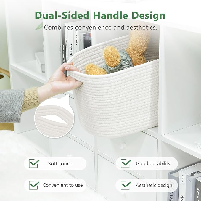 ECDYQXVU 15x10x9 Inch Woven Cotton Rope Storage Basket, 2 Pack | Foldable Design, Built-in Handles, Space-saving Organizer for Living Room, Bedroom, Laundry, Shelves, Clothes, Towels