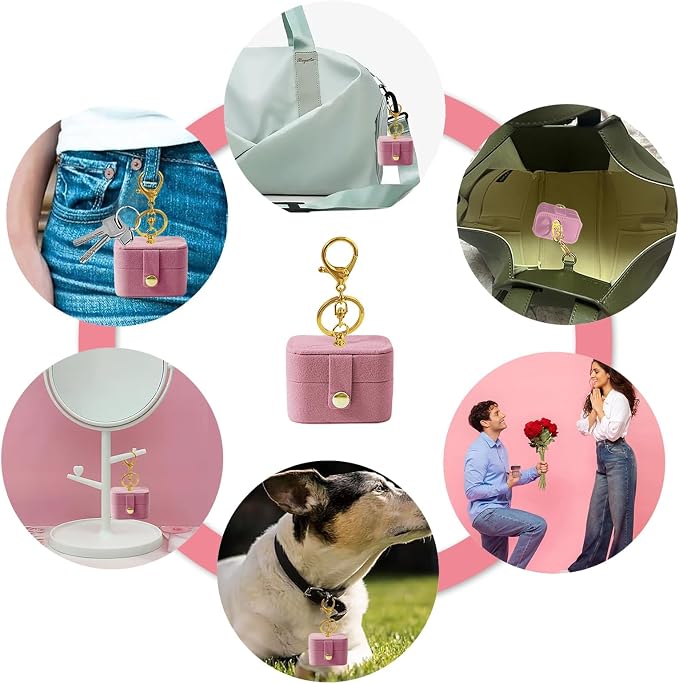 Small Wedding Ring Bearer Pillow Box for Dog Collar, Velvet Travel Mini Jewelry Holder Pouch Bridesmaid Gifts , Multi-Slots Earrings Storage Case for Women Girls, Pocket Size Necklaces Organizer(Pink)