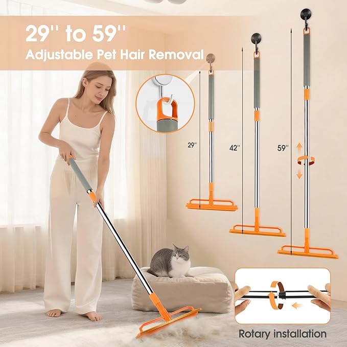 Carpet Rake for Pet Hair Removal, Durable Silicone & Metal Scraper Dog & Cat Pet Hair Remover, Adjustable Long Handle 59'' Pet Hair Carpet Rake for Rugs, Mats, Couch, Furniture