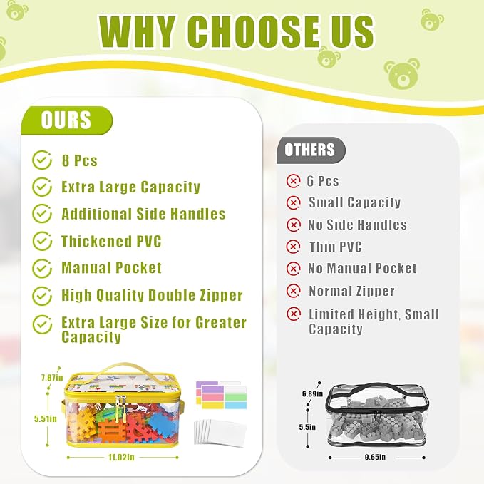 8 Packs Large Clear Toy Storage Bags with Double Zipper & Handles, L | Name Tag, Manual Pocket, Transparent PVC, Waterproof Dustproof, Space-saving, Portability for Building Blocks, Puzzle, Travel