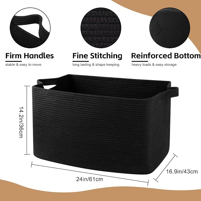 OIASKET 95L Large Blanket Basket, Black Blanket Storage Living Room, Rectangle Woven Baskets for Storage Toys, Towels, Dirty Clothes Organizer Bins (Black)