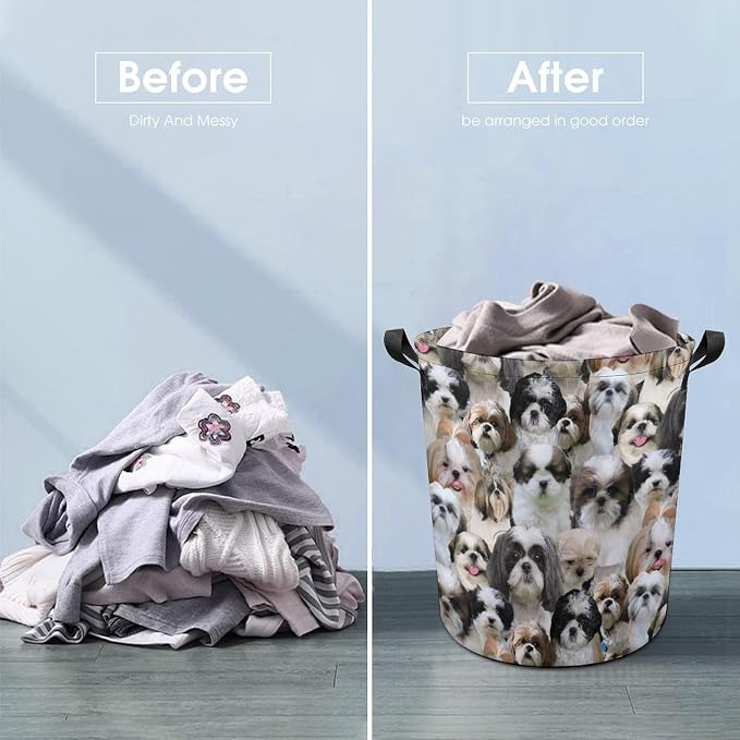 Cute Shih Tzu Print Laundry Basket Foldable With Handles, Funny Shih Tzu Dog Tote Bag, Oxford Cloth Shih Tzu Laundry Hamper Clothes Storage Bucket For Bathroom Laundry Bedroom