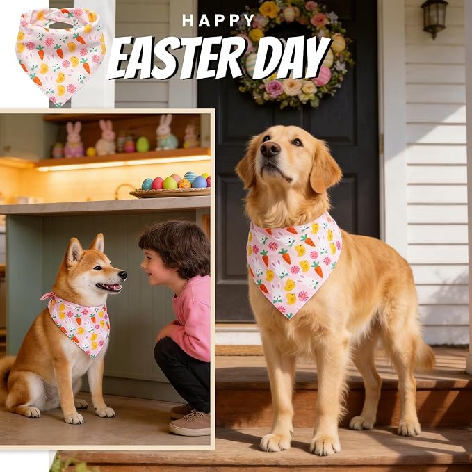 Dog Bandana for Easter Day - Lovely Bunny Carrot Chicken & Daisy Flower Theme, Holiday Pet Costumes Scarf with Adjustable Snap Button, Large to Giant Breeds (75lbs+)