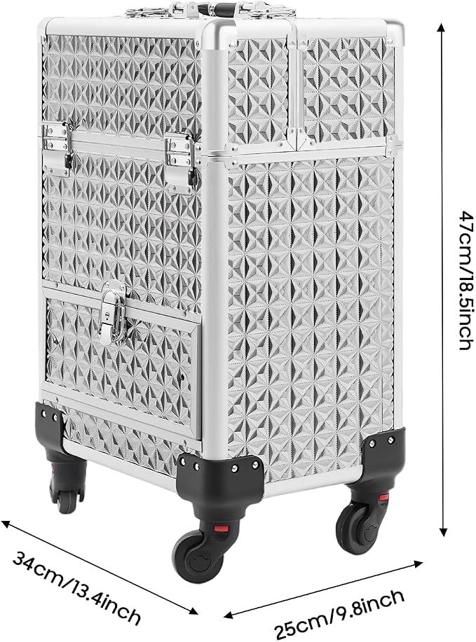 Rolling Makeup Train Case, Aluminum Cosmetic Trolley Organizer with 4 Universal Wheels, Large Capacity Travel Case with Lock for Nail Artist, Hairstylist in Salon, Studio, Travelling (Silver)