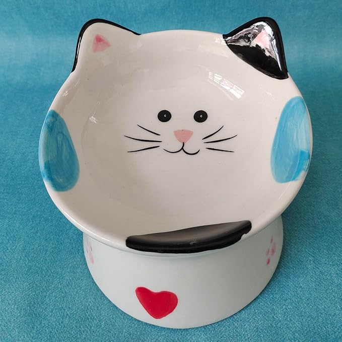 Cute Ceramic Raised Cat Bowls Elevated Design, 15° Tilted FeederProtect Cat's Spine Anti Vomiting Blow for Flat Faced Cats, Kitten Small Dogs,Raise Tilted Cat Food Bowld Pet Dishes(Black)