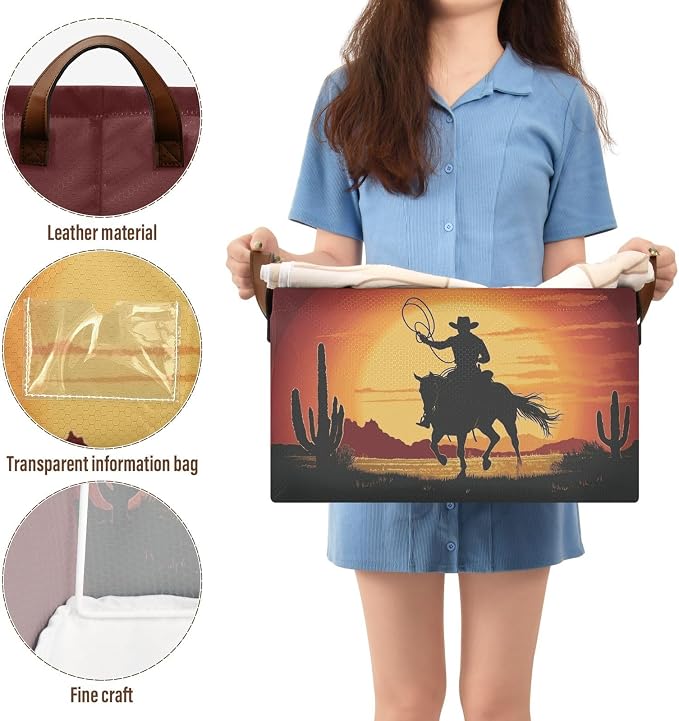 Sunset Western Cowboy with Horse Storage Basket Foldable Cube Storage Bins with Handles&Label Collapsible Organizer Box Bin Large Rectangle Decorative Baskets for Shelves Home Living Room Closet