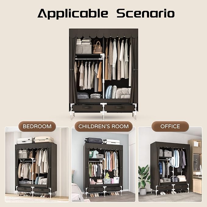 Portable Wardrobe Closet for Bedroom, Small Storage Organizer with 2 Drawers and 2 Hanging Rods, Includes Dust Cover.(Brown, 39.3 in)