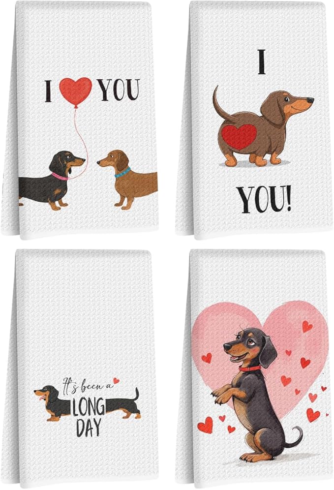 4 Pcs Dachshund Kitchen Towels 24x14 Inch, Dachshund Gifts Reusable Dish Towels for Kitchen Bathroom Decor, Waffle Weave I Love You Hand Cloth Tea Towel, Cute Dog Valentine's Gifts for Girlfriend Wife