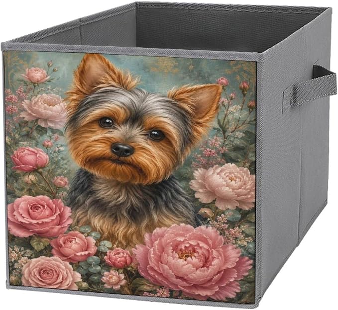 Yorkie Dog Floral Portrait Storage Bin with Handles, Oxford Fabric Foldable Storage Cube Organizer for Clothes, Towels, Bedroom, Living Room, Home Organization