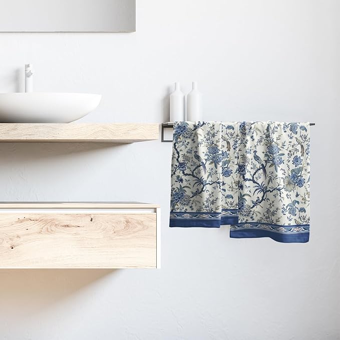 Giwawa Chinoiserie Hand Towels- Blue White Birds Floral Decorative Towel Set of 2- Classic Oriental Style Flowers Face Towel Soft Absorbent Dish Wash Cloth for Hotel Bathroom Gym Guest