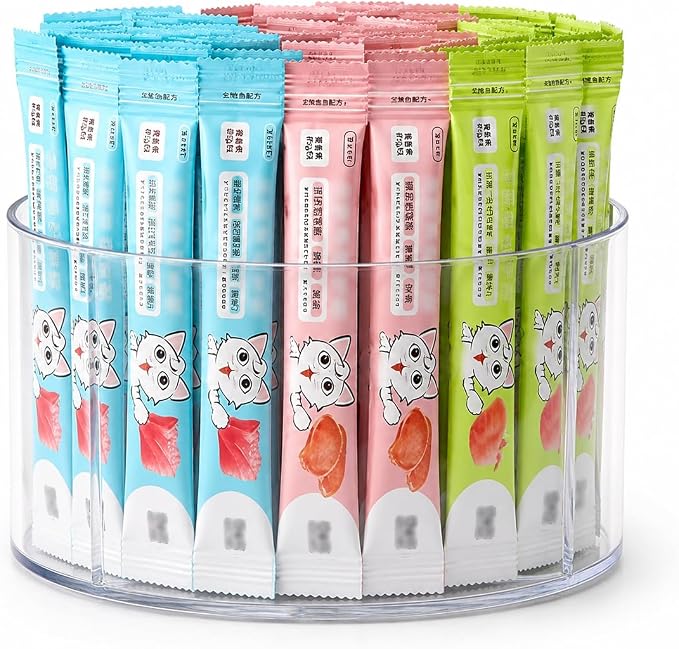 Lickable Cat Treats Organizer, Clear Acrylic Lazy Susan Cat Treat Holder with 4 Compartments, Squeeze Up Cats Food Storage for Wet Treat Tubes, Puree Snacks, Countertop Pantry Shelf
