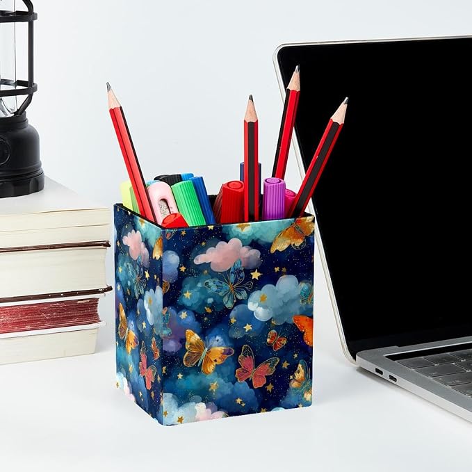 Butterfly Pen Holder for Desk Decor, Rectangular PVC Leather Pencil Cup for Desk Pen Organizer, Makeup Brush Holder for School, Home, Office
