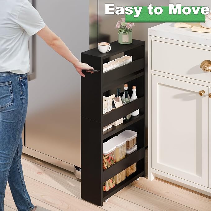 MARTY Slim Rolling Storage Cart, Wood Utility Kitchen Bathroom Laundry Cart | 4 Tier Kitchen Cart with Wheels Handle, Laundry Room Organization, Narrow Bathroom Storage Cabinet, 5.5" Wide Storage Trolley
