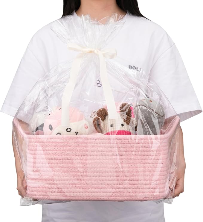 OIAHOMY Woven Basket, Gift Basket Empty with Gift Bags and Ribbons, Rope Baskets for Baby Showers, Storage Baskets with Handles for Nursery, Pet Toy Organizer - Pink