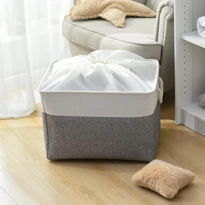 Storage Bins Baskets for Organizing, 20.5L×15.7W×13.8H 3 Pack Sturdy Fabric Storage Basket W/Handles, Decorative Foldable Storage Baskets for Shelves Closet Nursery Toy (White & Grey)
