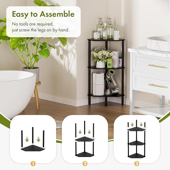 Black Corner Bathroom Shelf, 3 Tier Bamboo Kitchen Corner Shelves, Display Shelf, Shower Corner Caddy, Indoor Plant Stand Balcony, Freestanding Storage Organizer Stand for Living Room, Small Spaces