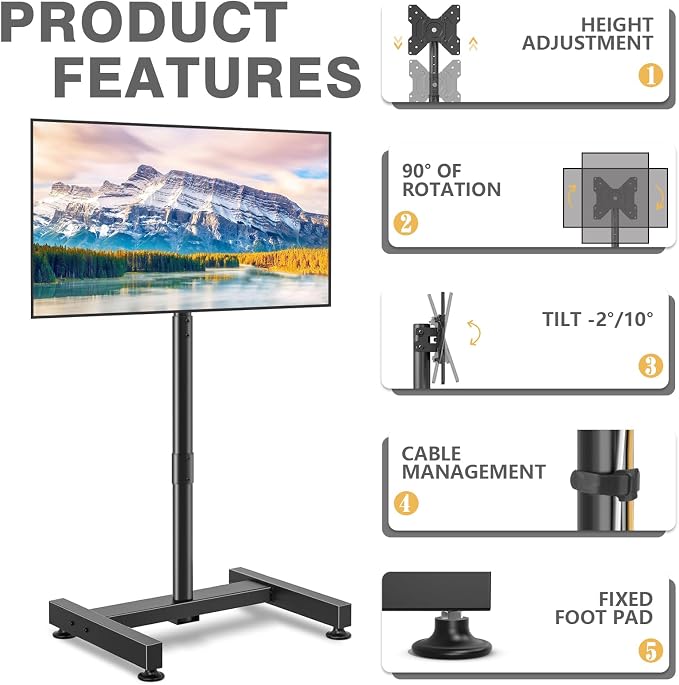 TV Floor Stand for 13-50 inch LCD LED Flat/Curved Panel Screen TVs up to 44 lbs, Height Adjustable TV Stand Mount with VESA 200x200, Portable TV Stand for Bedroom, Dorm Room, Office | Tilting and Rotating Mount, Portrait to Landscape, Height Adjustable...