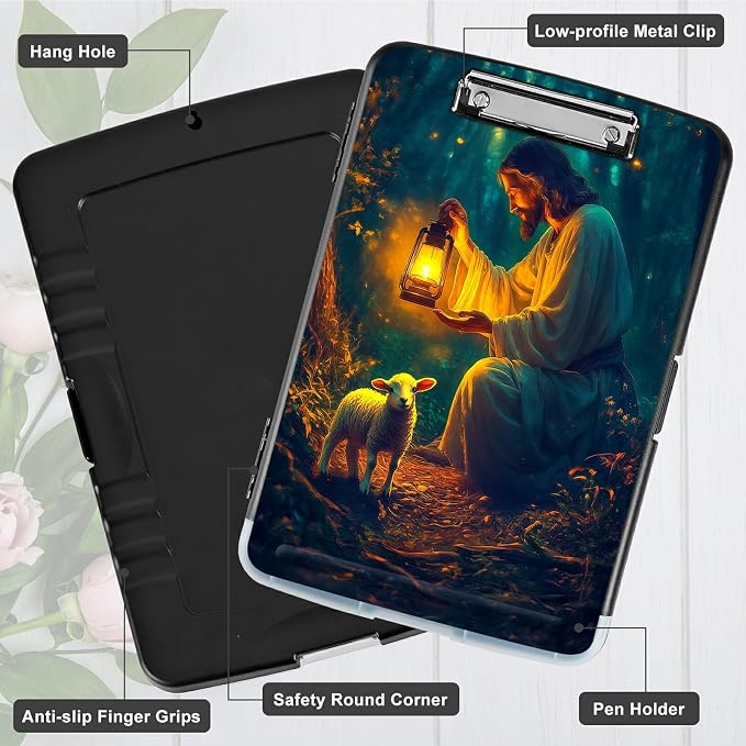 A4 Clipboard with Storage Pen Holder, Clipboards Organizer Nursing Clipboard Foldable File Folder Plastic Clipboard Folio Clip Board for Office Work Classroom Doctor, Man Sheep Forest