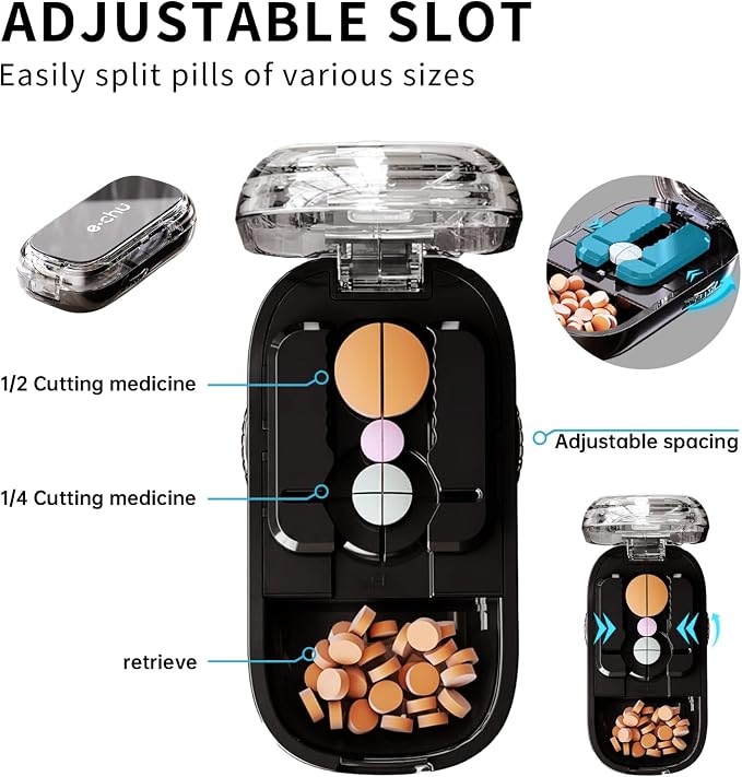 Pill Cutter Splitter for Small and Tiny Pills - Daily Pill Organizer with Professional Adjustable Cutter Splitter for Cutting Multiple Pills, Pill Case for Travel Purse Pocket (Black)